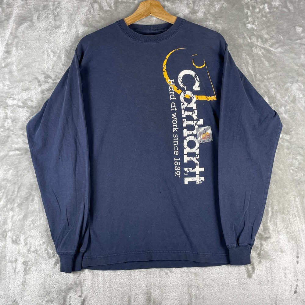Carhartt Graphic Long Sleeve T Shirt Mens S Blue Distressed Logo Y2K Sun Faded